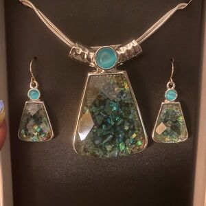 Mixit Brand Silver tone  Acrylic Opal Stone NECKLACE  Set 15” with Earrings